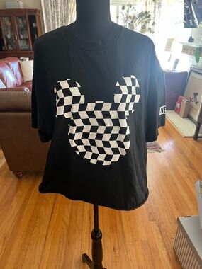 Black Graphic Tee with Checkerboard Mickey Silhouette